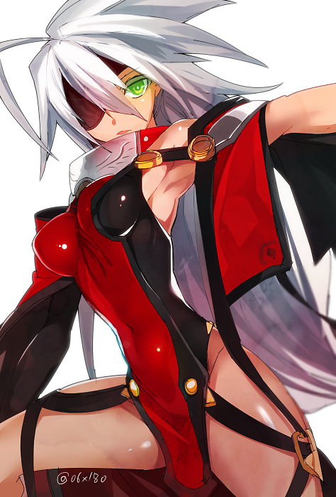 alpha-01 armpits bare_shoulders blazblue covered_navel eyepatch glowing glowing_eye green_eyes hyakuhachi_(over3) silver_hair solo