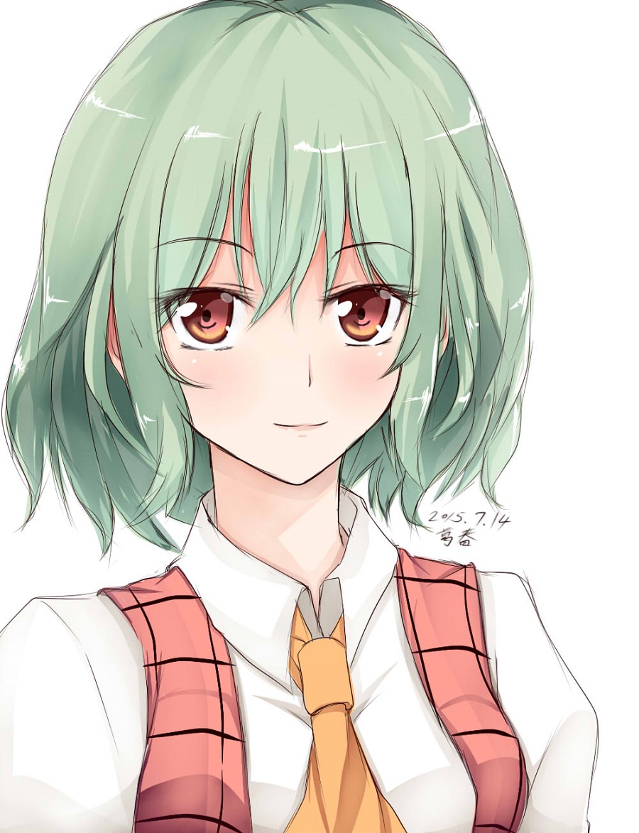 ascot bad_id bad_pixiv_id dated green_hair kazami_yuuka looking_at_viewer red_eyes shirt signature smile solo touhou upper_body vest wendell