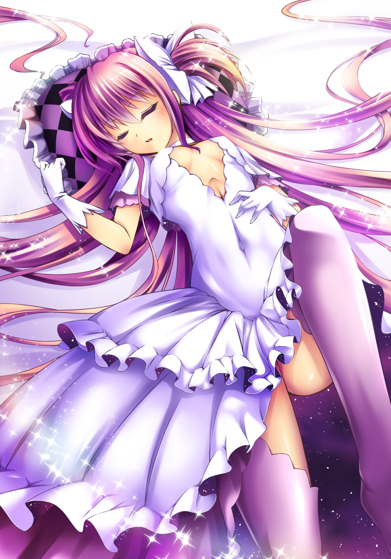 ayuhara_hiiro bad_id bad_pixiv_id bow center_opening closed_eyes comic commentary_request covered_navel dress gloves hair_bow hair_ribbon kaname_madoka long_hair lying mahou_shoujo_madoka_magica on_back open_mouth out_of_frame pink_hair ribbon sleeping solo spoilers thighhighs two_side_up ultimate_madoka