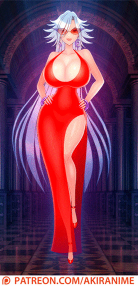 animated animated_gif basquash! bouncing_breasts breasts cleavage dress glasses haruka_gracia high_heels huge_breasts red_dress revealing_clothes walking