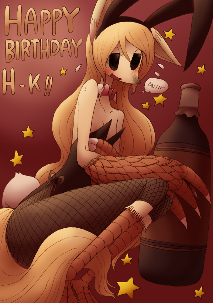 alcohol beverage black_eyes blonde_hair blush bottle breasts bunny_costume claws domika drunk english_text fake_ears female fishnet food fur hair hybrid pandemonium_wizard_village sho sho_shibamoto solo star talons tan_fur text unknown_species