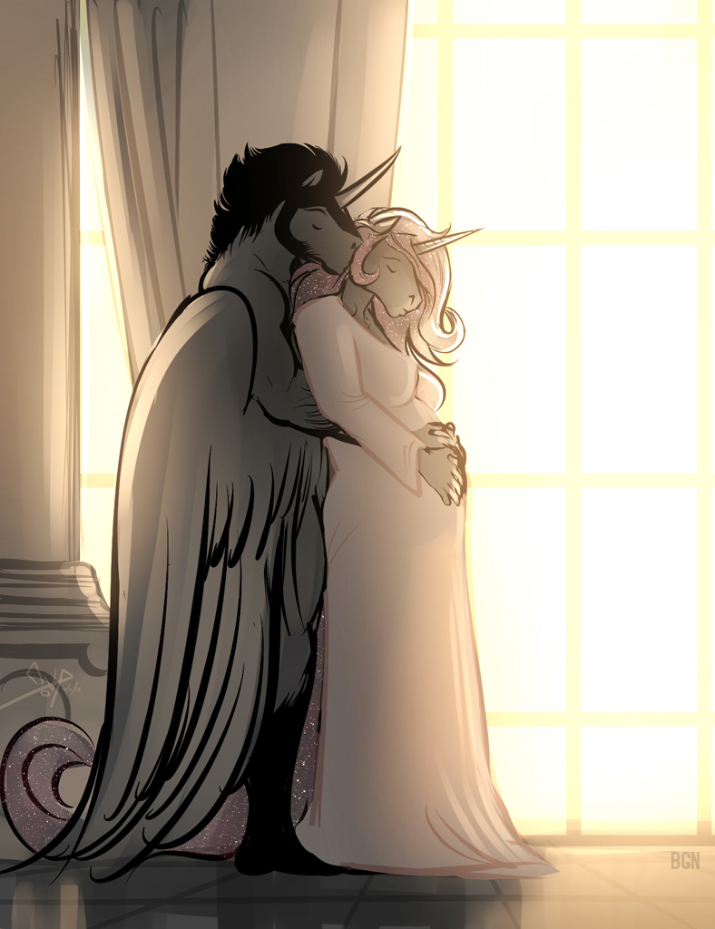anthro bgn black_hair breasts duo equine facial_hair feathered_wings feathers female friendship_is_magic from_behind hair horn hug inside king_sombra_(mlp) male male/female mammal my_little_pony nightgown nude pink_hair pregnant princess_celestia_(mlp) side_view unicorn wings