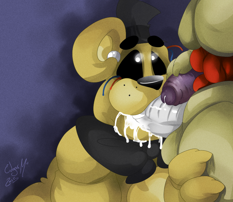 animatronic anthro bear bow cum cum_in_mouth cum_inside cum_on_face cum_on_penis erection fellatio five_nights_at_freddy's five_nights_at_freddy's_3 fronnie glowing glowing_eyes golden_freddy_(fnaf) group group_sex hand_on_penis hat human human_on_anthro interspecies lagomorph looking_up machine male male/male mammal nude oral penis purple_guy_(fnaf) rabbit robot sex solo_focus springtrap_(fnaf) standing sucking thick_penis threesome uncut video_games wire
