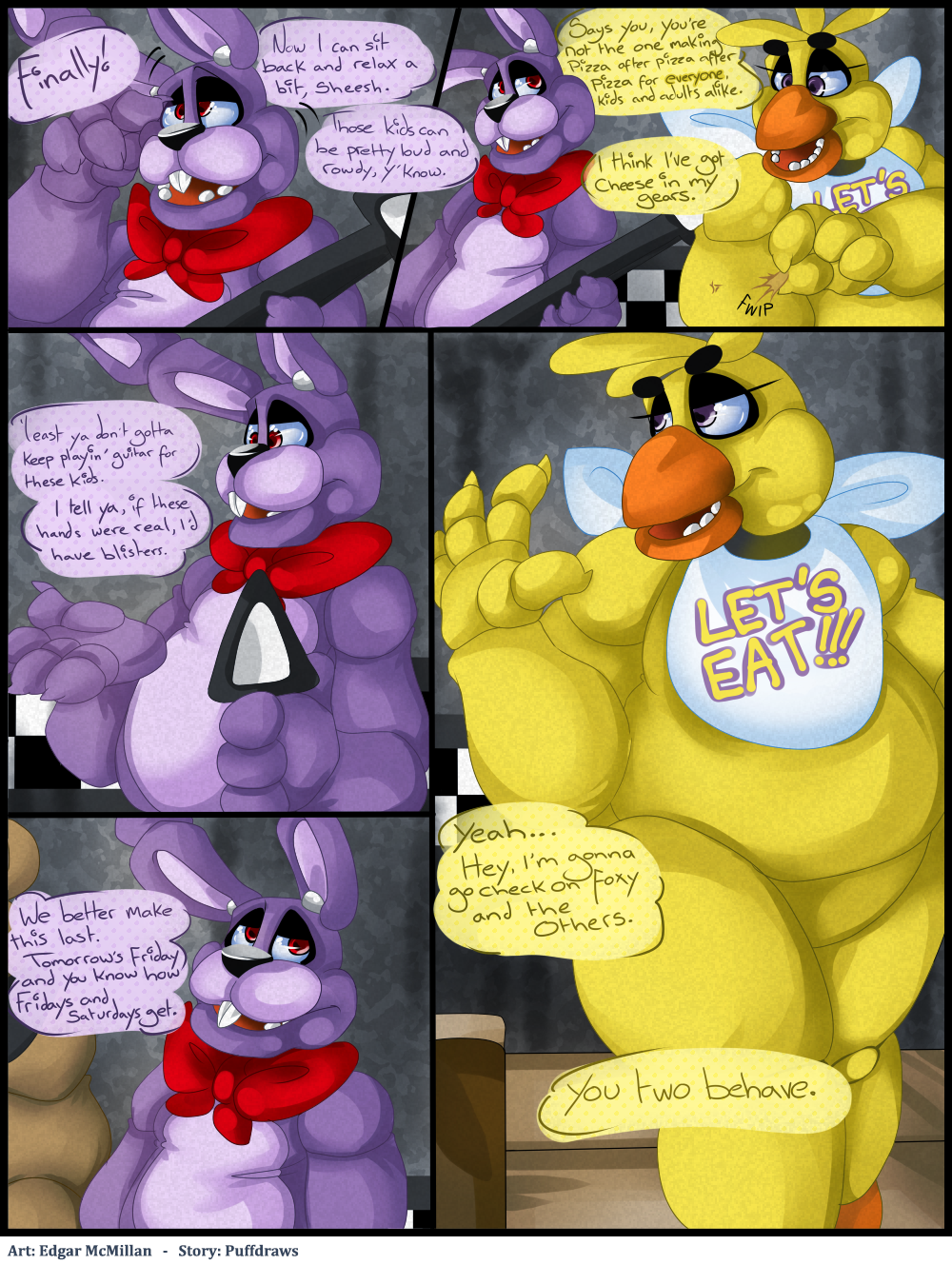 ! animatronic anthro avian beak bear bib bird bonnie_(fnaf) bow buckteeth chica_(fnaf) chicken chubby claws comic dialogue edgar_mcmillan english_text female five_nights_at_freddy's freddy_(fnaf) fronnie half-closed_eyes lagomorph long_ears looking_back looking_down machine male mammal nude open_mouth rabbit raised_arm robot sharp_claws smile standing teeth text video_games