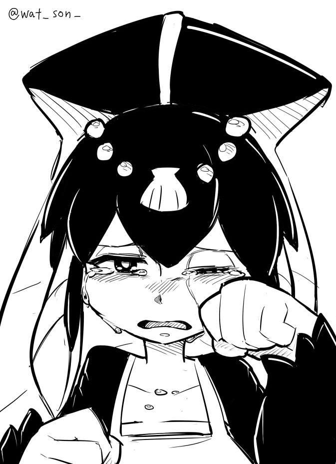 apron chichibu_(chichichibu) crying crying_with_eyes_open fish_girl greyscale hair_between_eyes hair_ornament head_fins minette_(skullgirls) monochrome monster_girl one_eye_closed portrait scales shell skullgirls solo tears twitter_username wiping_tears