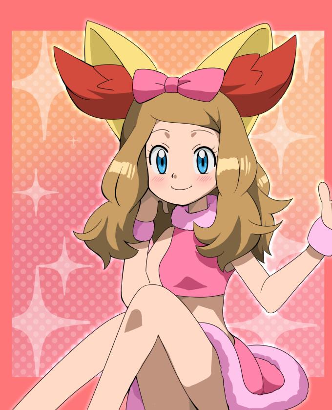 animal_ears blue_eyes blush bracelet breasts crop_top fennekin_(cosplay) gradient gradient_background happy jewelry long_hair midriff miniskirt nintendo pink_shirt pink_skirt pokemon pokemon_(anime) pokemon_xy polka_dot_background serena_(pokemon) shirt simple_background sitting skirt small_breasts smile solo upskirt