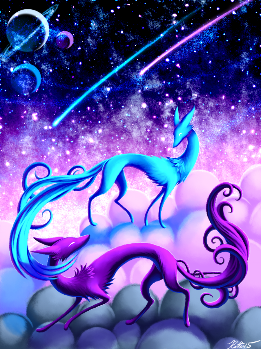 2015 ambiguous_gender anthro blue_fur canine cloud cool_colors detailed_background duo feral fox fur mammal planet purple_fur ratte space spacescape spirit spiritfoxcat star