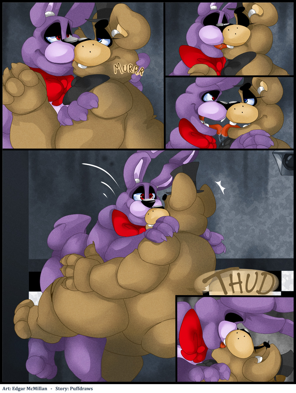 animatronic anthro barefoot bear bonnie_(fnaf) bow chubby comic drooling edgar_mcmillan english_text eyes_closed five_nights_at_freddy's freddy_(fnaf) french_kissing fronnie half-closed_eyes hat kissing lagomorph long_ears lying machine male male/male mammal nude on_back on_floor on_top open_mouth rabbit raised_leg robot saliva smile teeth text tongue tongue_out video_games