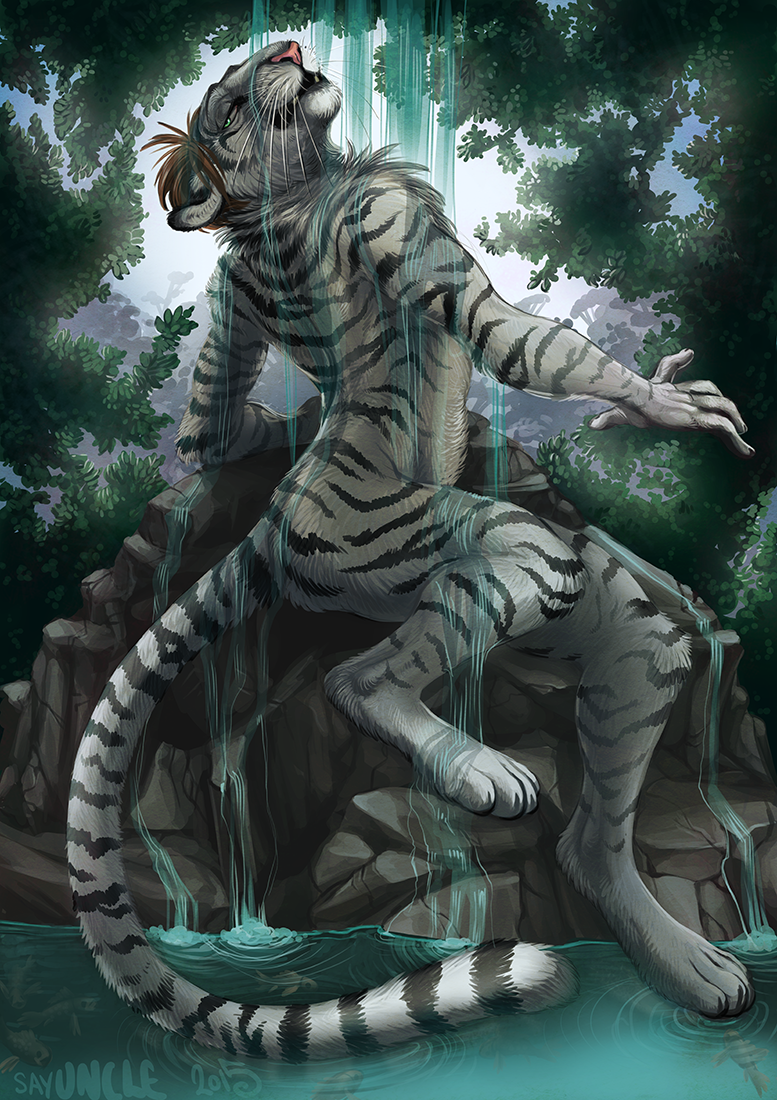 2015 bathing detailed_background feline green_eyes hair looking_at_viewer male mammal nude outside rock sayuncle short_hair solo tiger water white_tiger