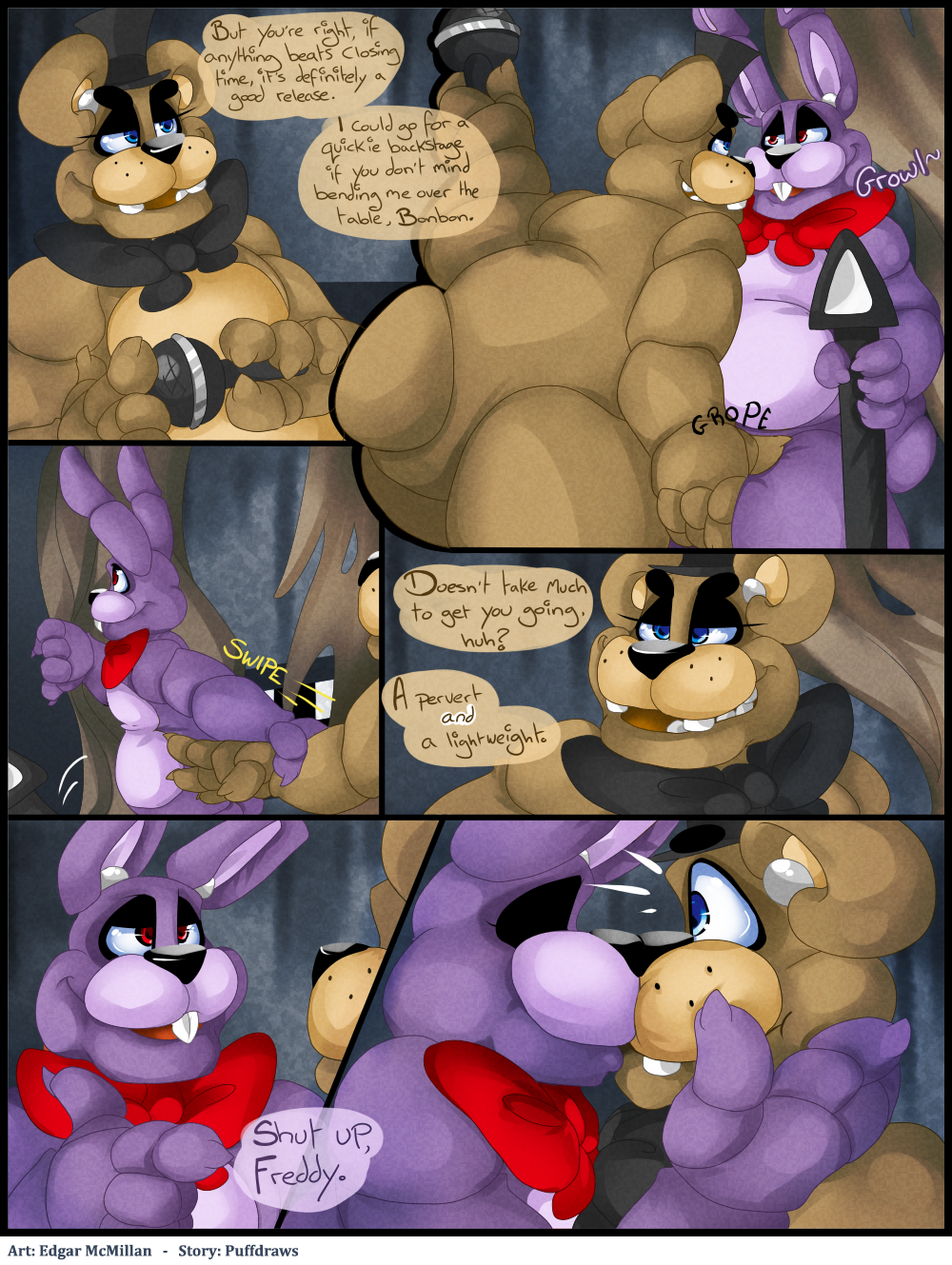 animatronic anthro bear big_ears bonnie_(fnaf) bow buckteeth chubby claws close-up comic dialogue edgar_mcmillan eyes_closed five_nights_at_freddy's freddy_(fnaf) fronnie grope guitar half-closed_eyes hat instrument kissing lagomorph long_ears machine male male/male mammal microphone musical_instrument nude open_mouth rabbit robot sharp_claws smile standing teeth text thick_thighs video_games
