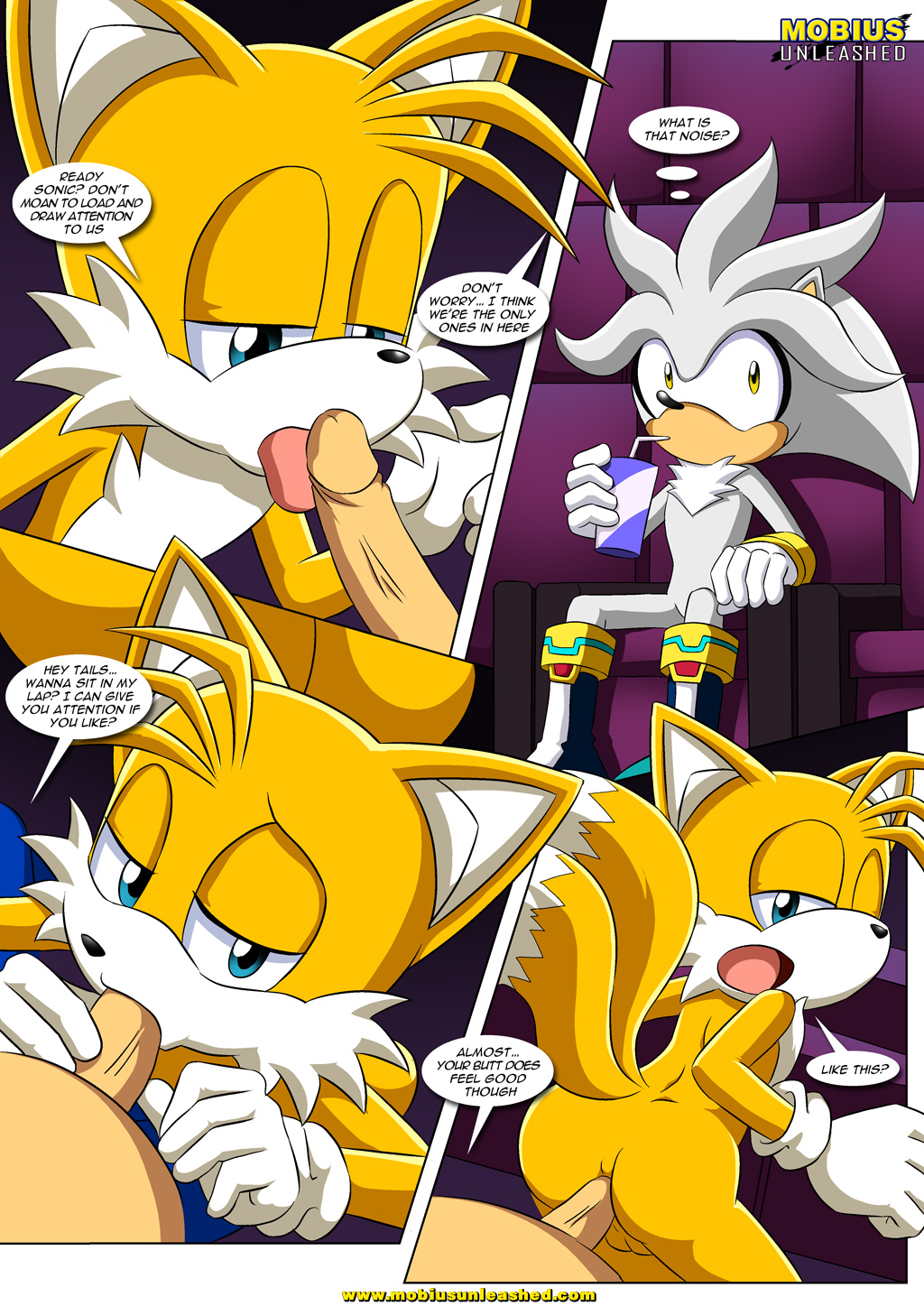 2015 anal anal_penetration anthro balls bbmbbf blue_eyes butt canine comic dialogue duo english_text erection fellatio fox hedgehog male male/male mammal miles_prower mobius_unleashed movie_theater open_mouth oral palcomix penetration penis public sex silver_the_hedgehog sonic_(series) sonic_the_hedgehog text tongue tongue_out video_games