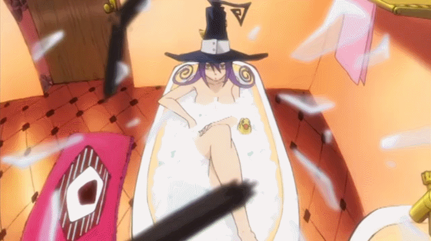 1boy 1girl animated animated_gif bath bathroom blair blood breasts female hat jumping nosebleed nude purple_hair red_eyes screencap smile soul_eater soul_eater_evans talking water white_hair witch_hat yellow_eyes