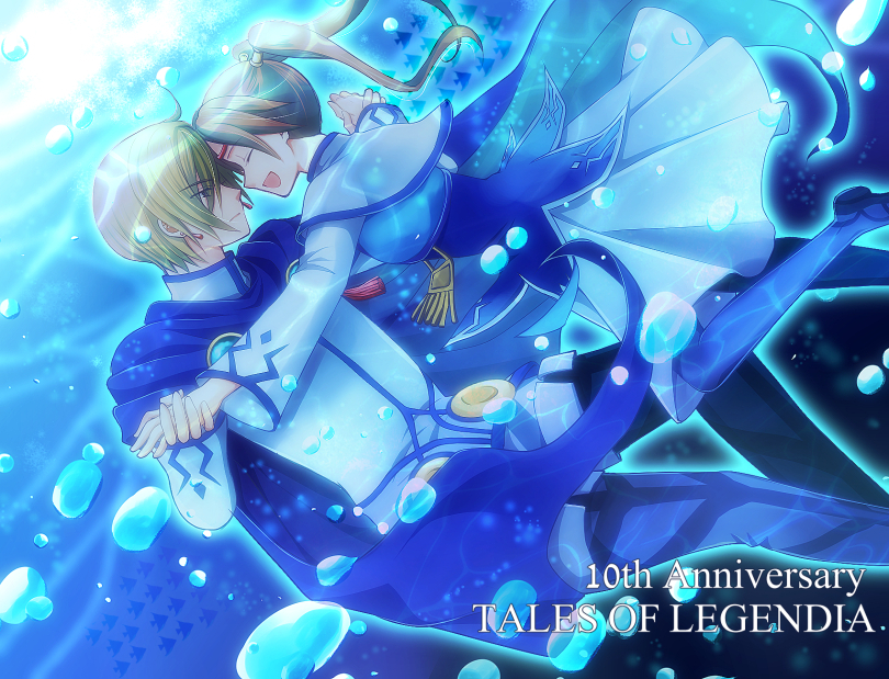 1girl blonde_hair blue_eyes closed_eyes couple dancing dress fenimore_xelhes forehead-to-forehead hetero long_hair mochi_(tukimo) smile tales_of_(series) tales_of_legendia twintails walter_delques