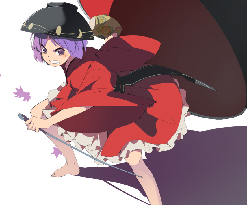 angry barefoot blush bowl clenched_teeth commentary_request hasebe_yuusaku holding_needle japanese_clothes kimono long_sleeves looking_at_viewer miracle_mallet needle obi object_on_head purple_eyes purple_hair ribbon sash short_hair simple_background solo sukuna_shinmyoumaru teeth touhou white_background wide_sleeves