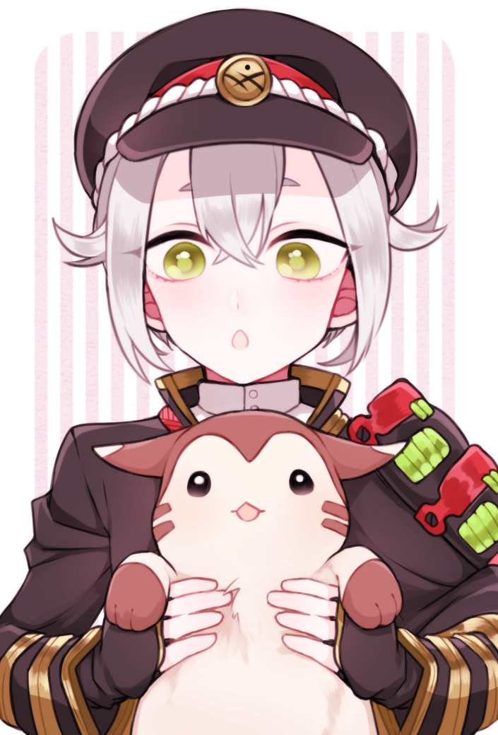 armor biskekun crossover furret gen_2_pokemon green_eyes hair_flaps hat holding holding_pokemon hotarumaru japanese_armor open_mouth pokemon pokemon_(creature) shoulder_armor silver_hair sode touken_ranbu upper_body