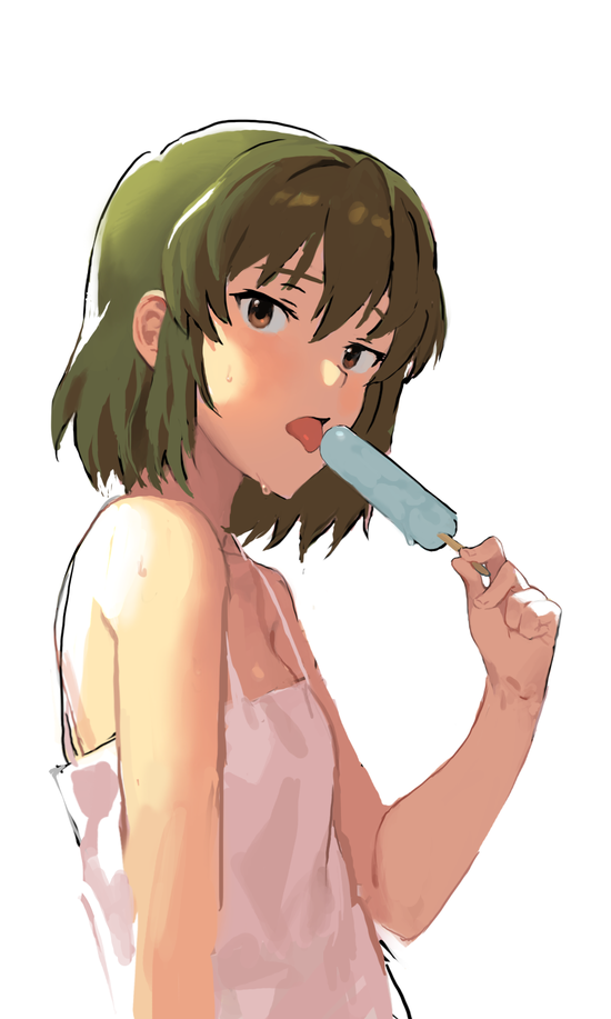 bad_id bad_pixiv_id bare_shoulders brown_eyes brown_hair food holding idolmaster idolmaster_million_live! looking_at_viewer nagayoshi_subaru official_style open_mouth popsicle rr_(suisse200) short_hair simple_background solo sweat tongue tongue_out white_background