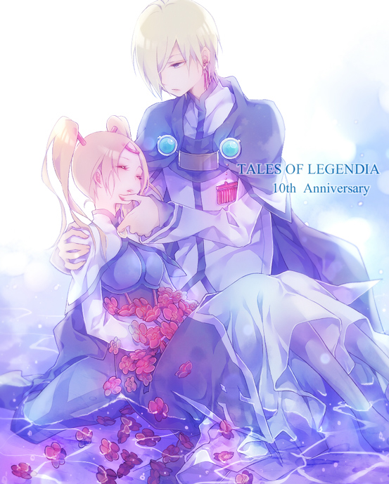 1girl anniversary blonde_hair cape closed_eyes copyright_name dress fenimore_xelhes flower kou_(01310808) long_hair petals tales_of_(series) tales_of_legendia twintails walter_delques