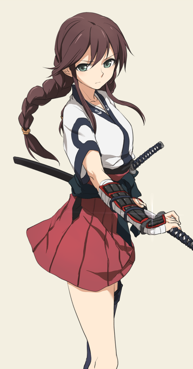 bad_id bad_pixiv_id braid brown_hair gloves green_eyes highres japanese_clothes kantai_collection katana kisetsu long_hair noshiro_(kantai_collection) samurai skirt solo sword twin_braids weapon