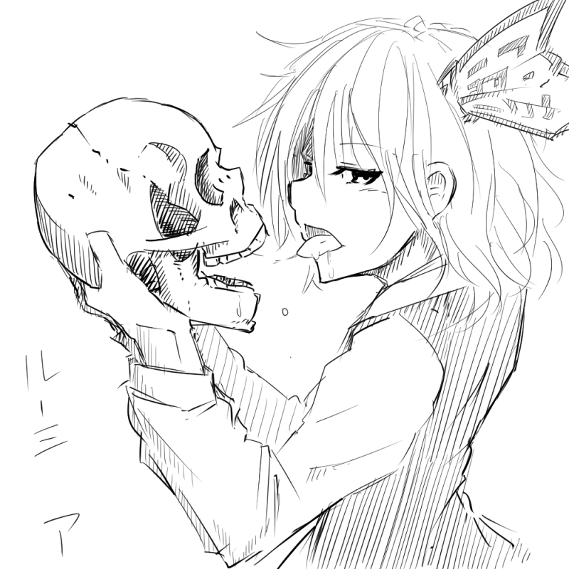 370ml bone character_name from_side greyscale hair_ribbon holding kiss looking_at_viewer monochrome open_mouth ribbon rumia saliva saliva_trail short_hair simple_background sketch skull solo tongue tongue_out touhou translated upper_body white_background
