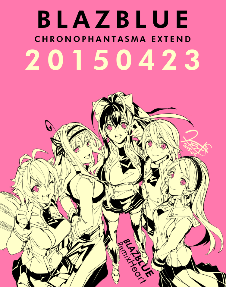 animal_ears antenna_hair arms_behind_back blazblue blazblue_remix_heart bow breasts brown_eyes butterfly_hair_ornament genderswap genderswap_(mtf) hair_bow hair_ornament hair_tubes hairband kajun_faycott large_breasts long_hair looking_at_viewer mai_natsume makoto_nanaya multiple_girls noel_vermillion official_art one_eye_closed open_mouth ponytail ribbon school_uniform short_hair smile squirrel_ears squirrel_tail sumeshi_(ambivalince) tail tsubaki_yayoi v