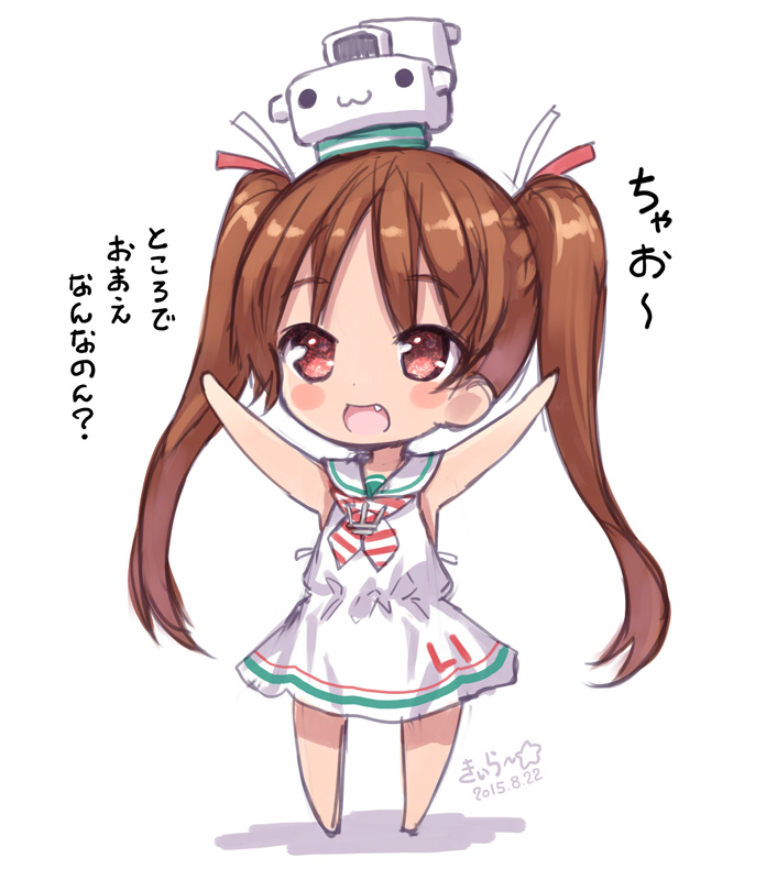 :3 alternate_skin_color arms_up bare_arms blush_stickers chibi chibi_on_head dress fang hair_ribbon kantai_collection kiira libeccio_(kantai_collection) long_hair neckerchief on_head open_mouth red_eyes ribbon school_uniform serafuku sleeveless sleeveless_dress smile solid_circle_eyes solo striped striped_neckwear translated twintails very_long_hair