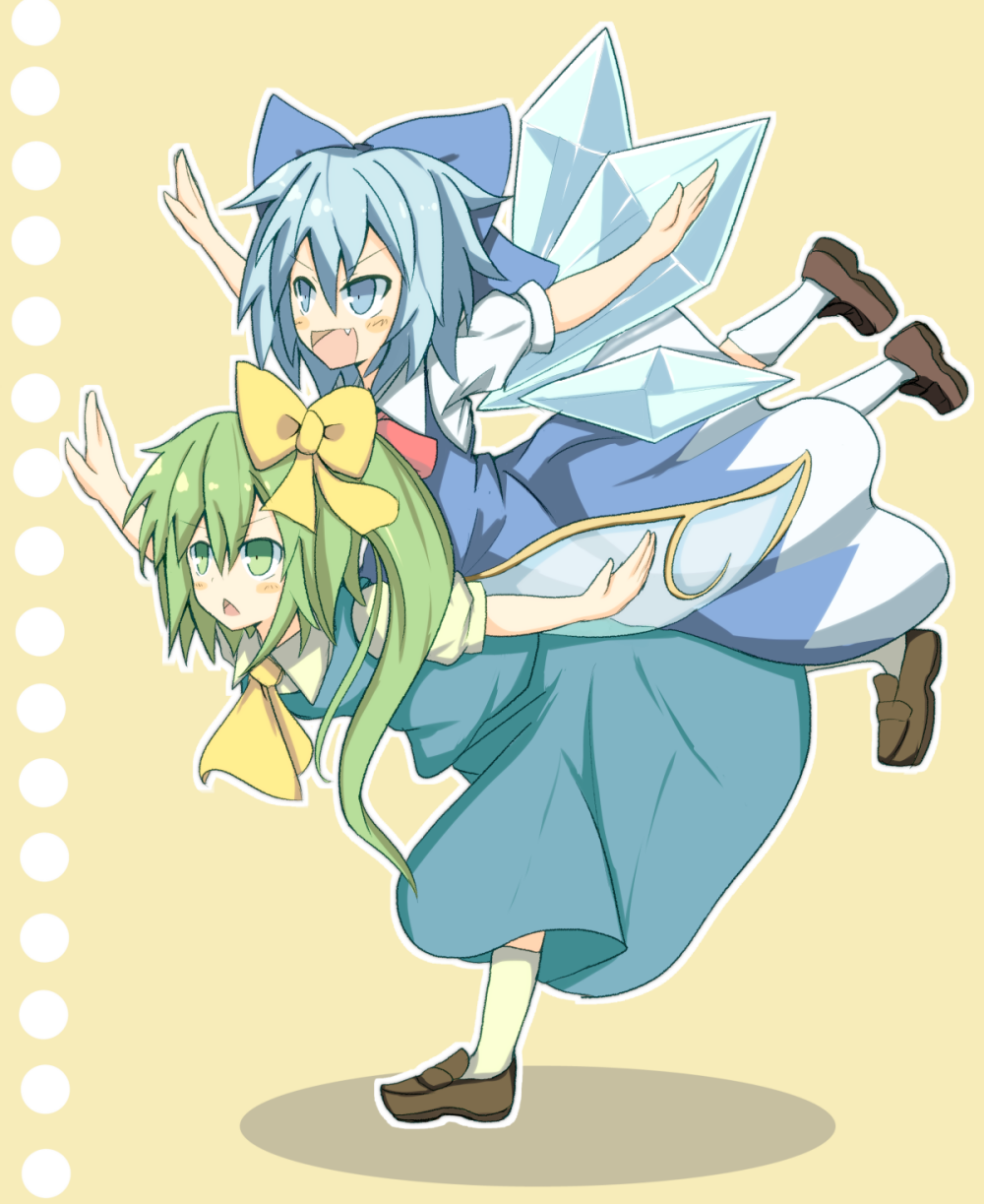 awa_hirotaka blue_bow blue_eyes blue_hair blush bow brown_footwear cirno daiyousei dress fang green_eyes green_hair hair_bow highres ice ice_wings multiple_girls open_mouth outstretched_arms overman_king_gainer parody ribbon shoes side_ponytail smile socks spread_arms touhou triangle_mouth white_legwear wings yellow_bow