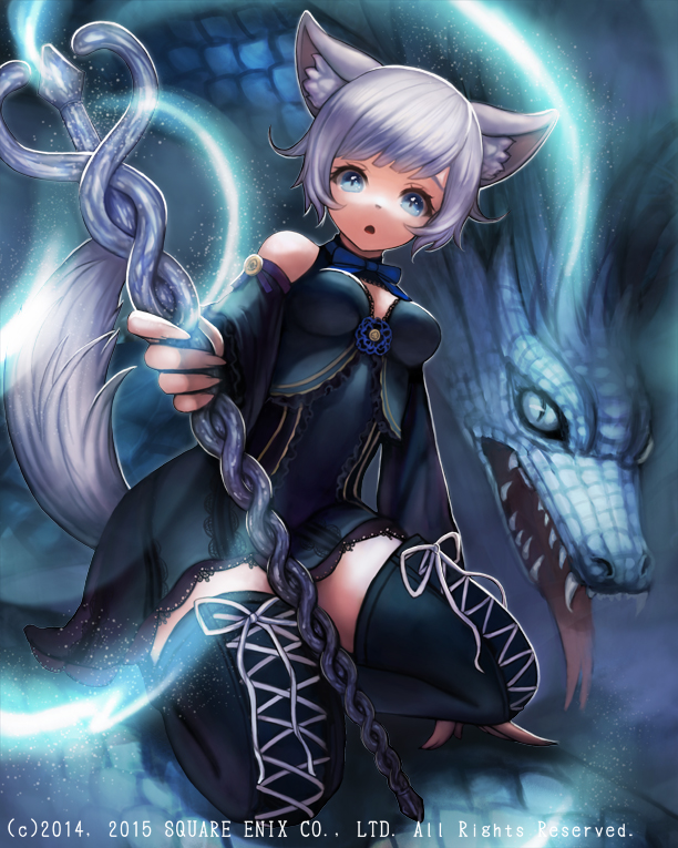 _tsumugico_ animal_ears arm_support bare_shoulders black_dress black_legwear black_thighhighs blue_bow blue_eyes bow breasts cleavage detached_sleeves dragon dress female holding holding_weapon looking_at_viewer lost_crusade magic open_mouth original short_hair solo staff thighhighs weapon white_hair zettai_ryouiki