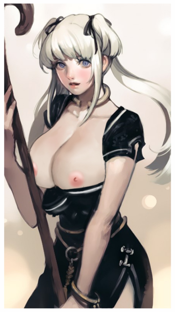 artist_request blue_eyes blush breasts caesar female gradient gradient_background large_breasts mabinogi nao nao_(mabinogi) nipples realism realistic solo staff twintails undressing white_hair