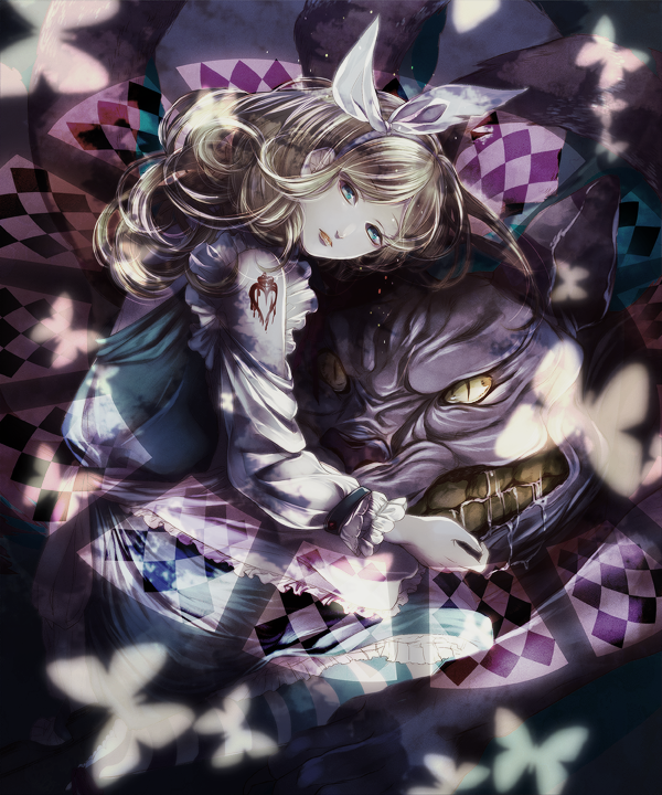 alice_(wonderland) alice_in_wonderland amase_(siki696) aqua_dress blonde_hair blue_eyes bug butterfly cheshire_cat dress insect shingoku_no_valhalla_gate striped striped_legwear teeth