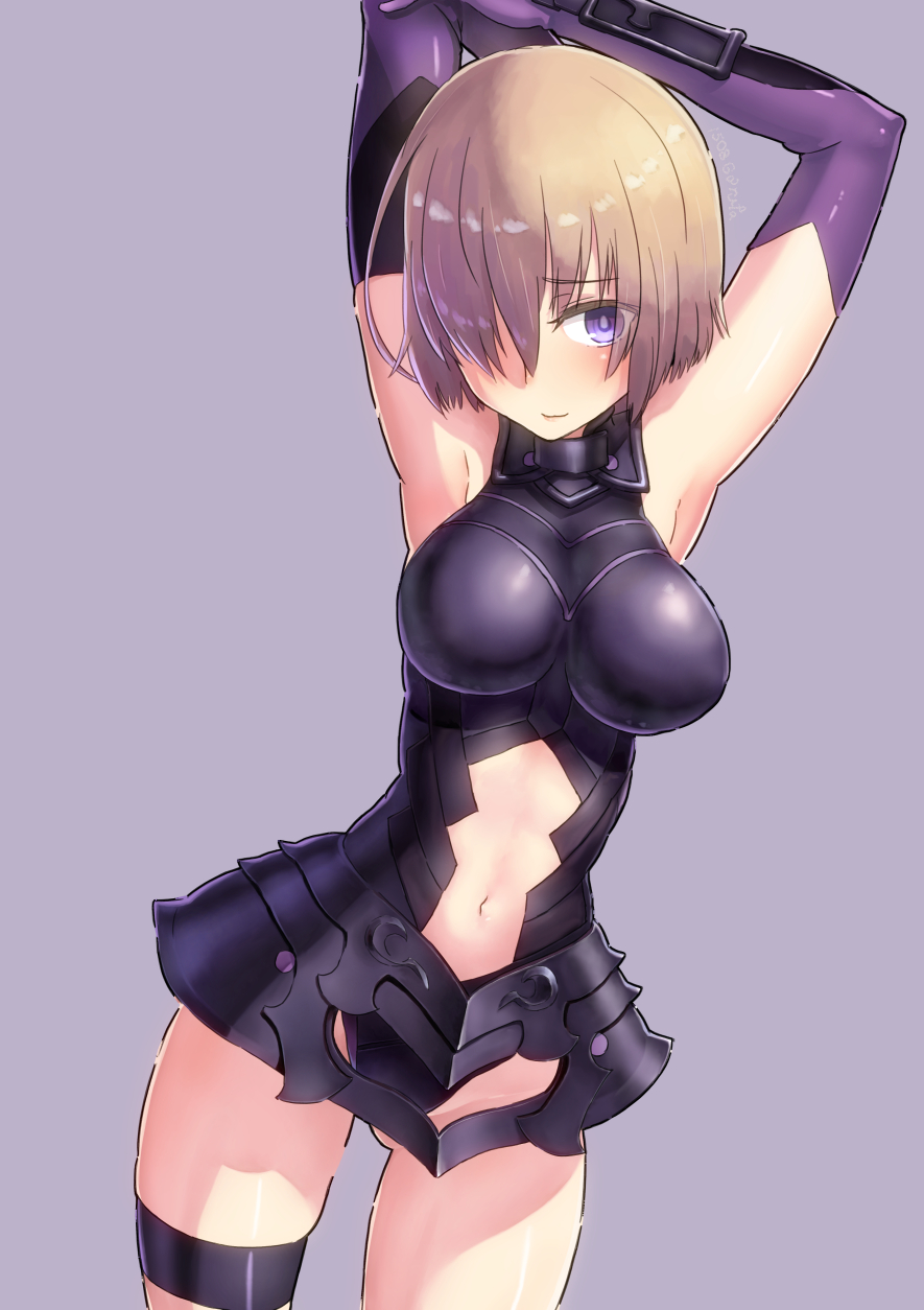 armor armpits arms_up bad_id bad_pixiv_id brown_hair elbow_gloves fate/grand_order fate_(series) garutaisa gloves hair_over_one_eye highres mash_kyrielight midriff navel purple_eyes short_hair smile solo
