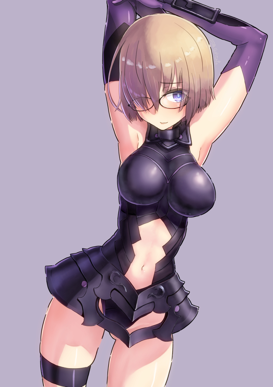 armor armpits arms_up bad_id bad_pixiv_id brown_hair elbow_gloves fate/grand_order fate_(series) garutaisa glasses gloves hair_over_one_eye highres mash_kyrielight midriff navel purple_eyes short_hair smile solo