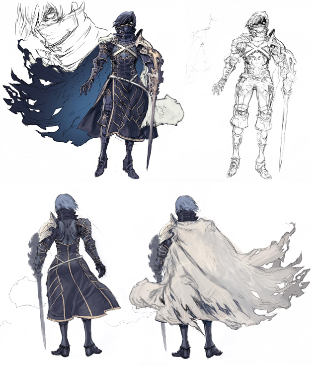 1boy armor atlus blue_hair cape concept_art genei_ibunroku_#fe krom krom_(gir#fe) nintendo official_art short_hair simple_background sword weapon