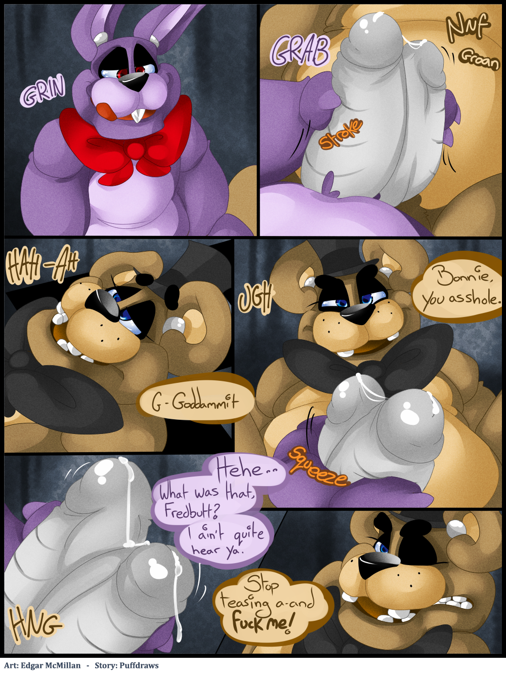 ! ? animatronic anthro bear bonnie_(fnaf) bow buckteeth chubby close-up comic cum cum_on_penis cum_string dialogue edgar_mcmillan english_text first_person_view five_nights_at_freddy's freddy_(fnaf) fronnie grinding half-closed_eyes handjob hat lagomorph long_ears looking_at_viewer looking_down looking_up lying machine male male/male mammal nude on_back one_eye_closed open_mouth orgasm penis penis_grab precum question rabbit robot smile squint stroking teeth text tongue tongue_out video_games