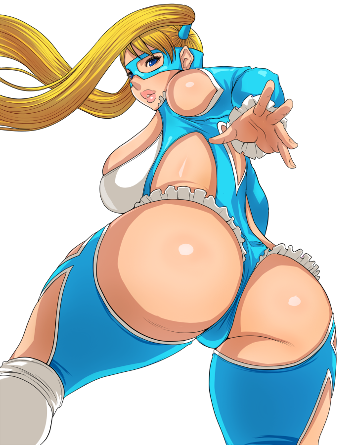 ass blonde_hair blue_leotard breasts large_breasts leotard lips mask matoyama rainbow_mika solo street_fighter street_fighter_v twintails