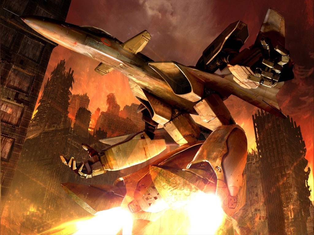 airplane city fire gerwalk jet macross macross_plus mecha no_humans ruins tenjin_hidetaka variable_fighter yf-19