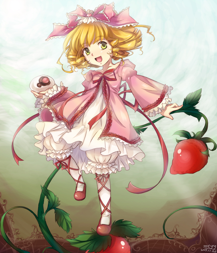 2009 blonde_hair bow dated dress drill_hair food fruit green_eyes hair_bow hina_ichigo mtyy object_namesake pink_bow rozen_maiden smile solo strawberry