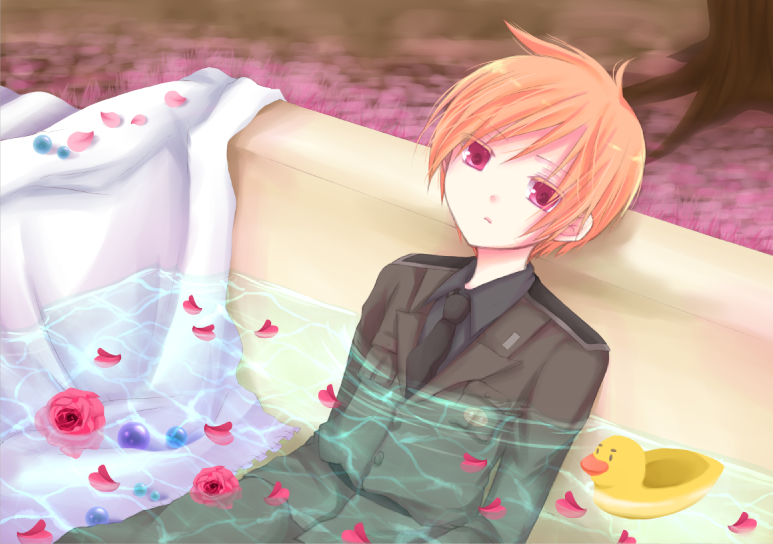 bad_id bad_pixiv_id bathtub claus formal male_focus mother_(game) mother_3 orange_hair petals red_eyes rose_petals rubber_duck shio_konbu_(syoko128) solo suit