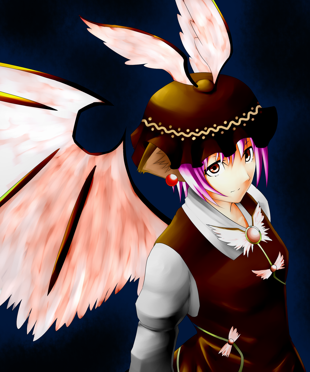 animal_ears bad_id bad_pixiv_id bow brown_eyes don_no_shoushitsu earrings hair_bow hat highres jewelry long_sleeves looking_up mystia_lorelei pink_hair short_hair solo touhou wings