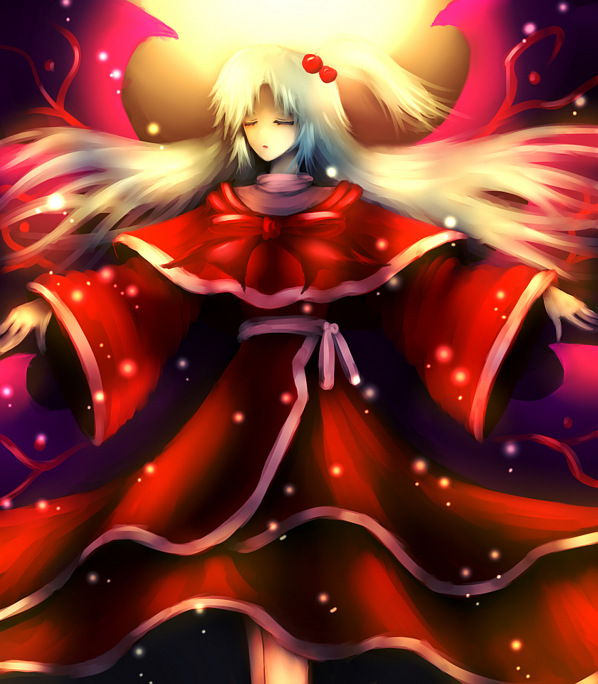 bad_id bad_pixiv_id capelet closed_eyes dress glowing hair_bobbles hair_ornament kiyonaka_rei legs long_hair long_sleeves open_mouth outstretched_arms pullover ribbon shinki side_ponytail silver_hair solo spread_arms touhou wide_sleeves wings