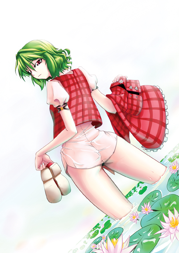 ass bottomless flower green_hair kazami_yuuka lily_pad looking_back mokei plaid plaid_skirt plaid_vest red_eyes shoes short_hair skirt skirt_removed skirt_set solo thighs touhou vest wading water