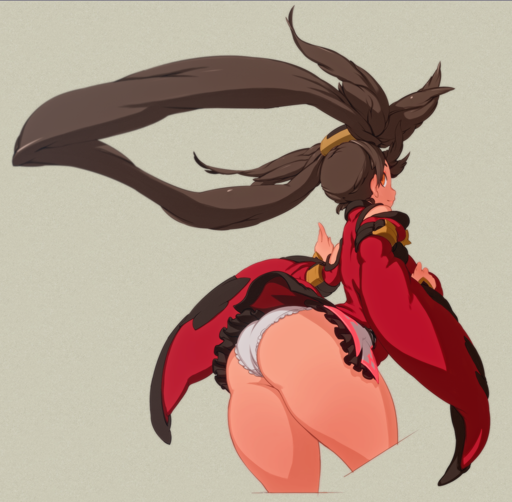 ass bent_over brown_eyes brown_hair china_dress chinese_clothes cropped_legs detached_sleeves dress from_behind guilty_gear hair_ornament jacqli_(artist) kuradoberi_jam long_hair panties pantyshot pantyshot_(standing) solo standing thick_thighs thighs underwear very_long_hair white_panties wide_sleeves