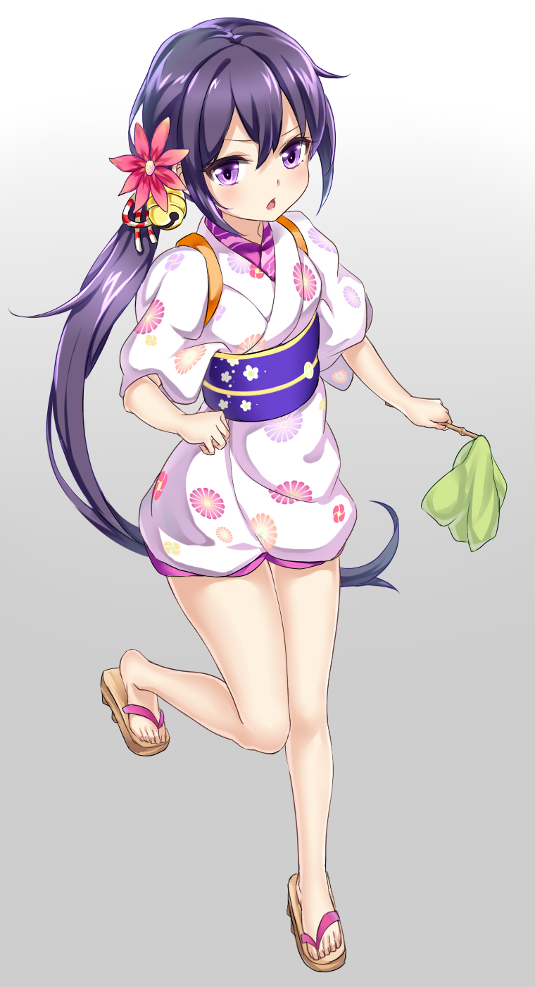 akebono_(kantai_collection) bell black_hair blush duster feet flower full_body geta gradient gradient_background grey_background hair_bell hair_between_eyes hair_flower hair_ornament highres holding japanese_clothes jingle_bell kantai_collection kimono knees_together_feet_apart kohinata_(sdu0628) long_hair looking_at_viewer obi open_mouth ponytail print_kimono purple_eyes sandals sash short_kimono short_yukata simple_background solo standing standing_on_one_leg tasuki toes very_long_hair yukata