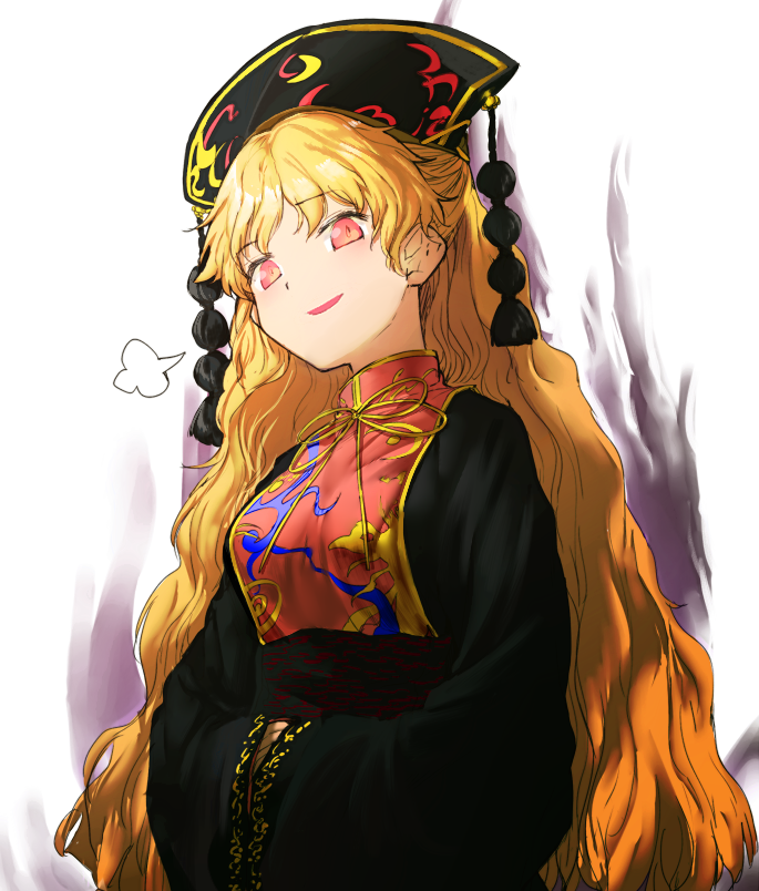 black_dress blonde_hair chinese_clothes dress fox_tail geppewi hands_in_opposite_sleeves hat junko_(touhou) long_hair long_sleeves looking_at_viewer multiple_tails open_mouth red_eyes sigh simple_background smile smug solo tabard tail touhou upper_body white_background wide_sleeves