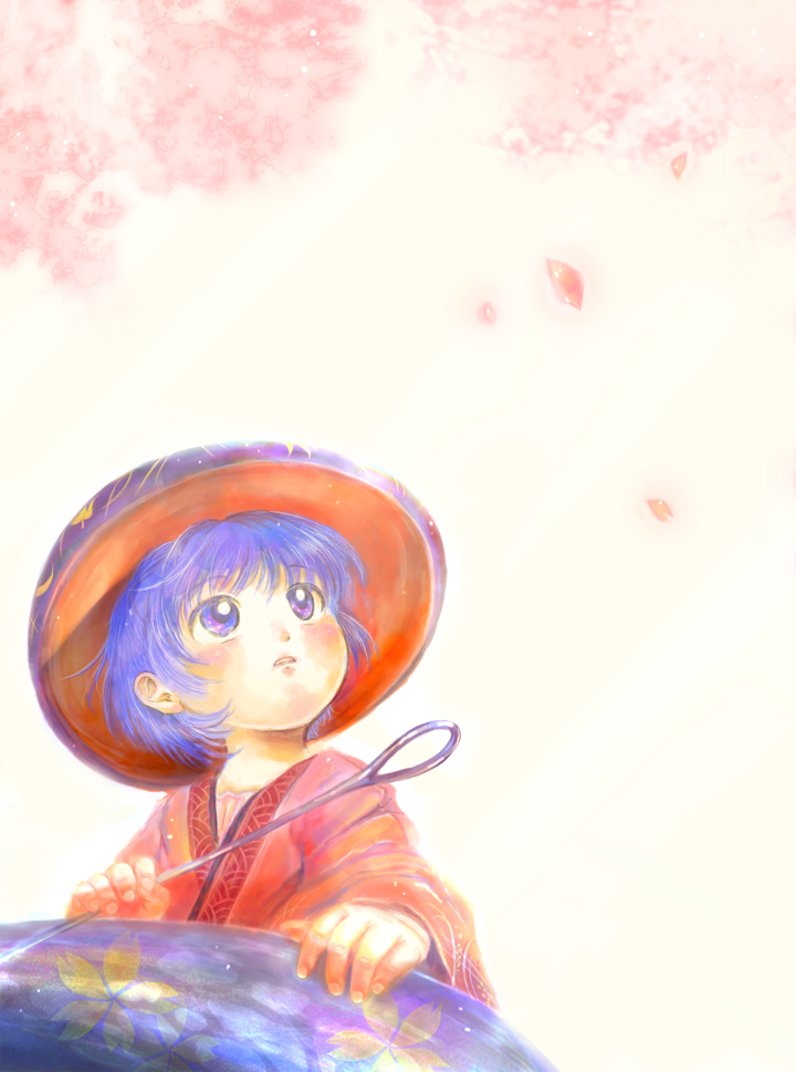 blush bowl bowl_hat cherry_blossoms hat holding_needle in_bowl in_container japanese_clothes kimono looking_up mdnk needle open_mouth purple_eyes purple_hair short_hair solo sukuna_shinmyoumaru touhou