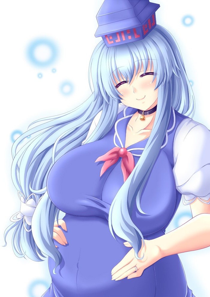 ^_^ blue_hair blush bow breasts choker closed_eyes commentary_request dress hair_tubes hand_on_own_stomach happy hat kamishirasawa_keine large_breasts long_hair pregnant sidelocks smile solo touhou wontam