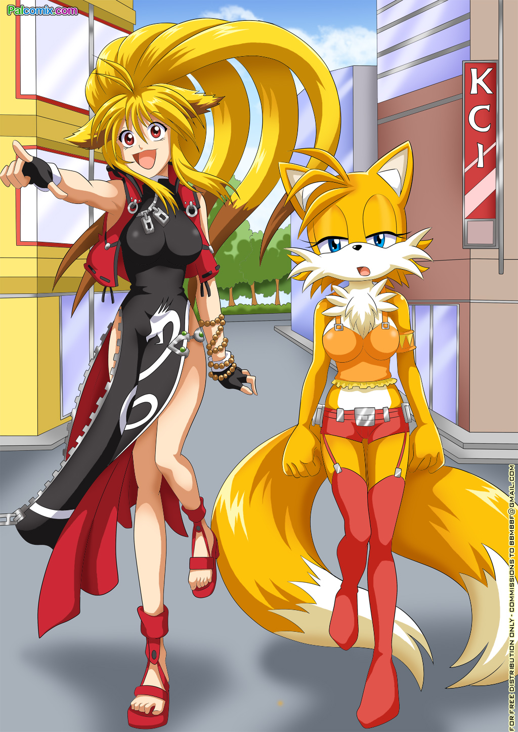 animal_humanoid bbmbbf blonde_hair bracelet breasts camisole canine clothing crossgender dress female fingerless_gloves footwear fox gloves hair human humanoid jacket jewelry legwear mammal miles_prower mobius_unleashed palcomix sandals shopping_district shorts sonic_(series) stockings street xiaomu