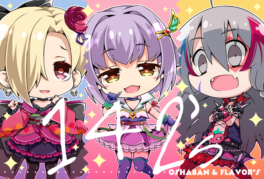 :d ahoge blonde_hair chibi crossed_arms earrings engrish evil_smile fang flower frilled_skirt frills full_body grey_eyes hair_between_eyes hair_flower hair_ornament hair_over_one_eye heart heart-shaped_pupils hoshi_shouko idolmaster idolmaster_cinderella_girls jewelry kawaii_boku_to_142's koshimizu_sachiko long_hair looking_at_viewer multicolored multicolored_background multicolored_hair multiple_girls open_mouth pantyhose ranguage sasahiro shaded_face shirasaka_koume short_hair simple_background skirt skull-shaped_pupils skull_earrings smile streaked_hair symbol-shaped_pupils tooth wide-eyed