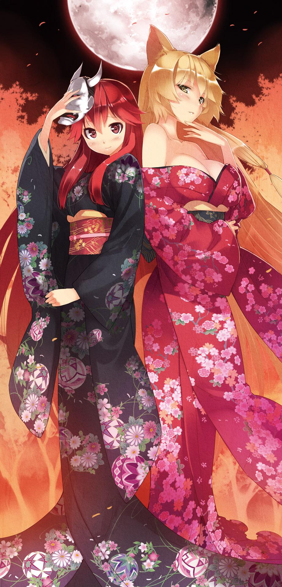 animal_ears autumn_leaves blonde_hair blush breasts cat_ears cleavage collarbone copyright_request floral_print full_moon hand_on_own_chin hannya highres japanese_clothes kimono large_breasts long_hair looking_at_viewer mask moon multiple_girls obi off_shoulder parted_lips red_eyes red_hair sash smile standing ueda_ryou very_long_hair