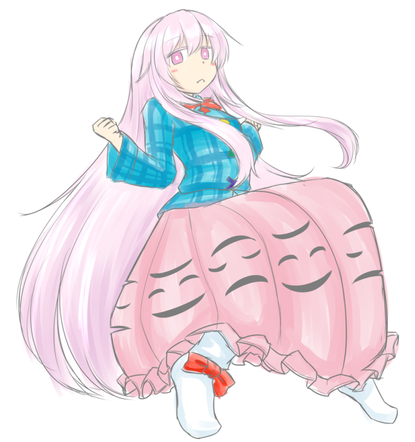 :&lt; blush_stickers bubble_skirt clenched_hand collared_shirt face_cutout ganmaganmo hata_no_kokoro long_hair looking_at_viewer no_mask pink_eyes pink_hair plaid plaid_shirt shirt skirt socks solo touhou triangle_mouth very_long_hair