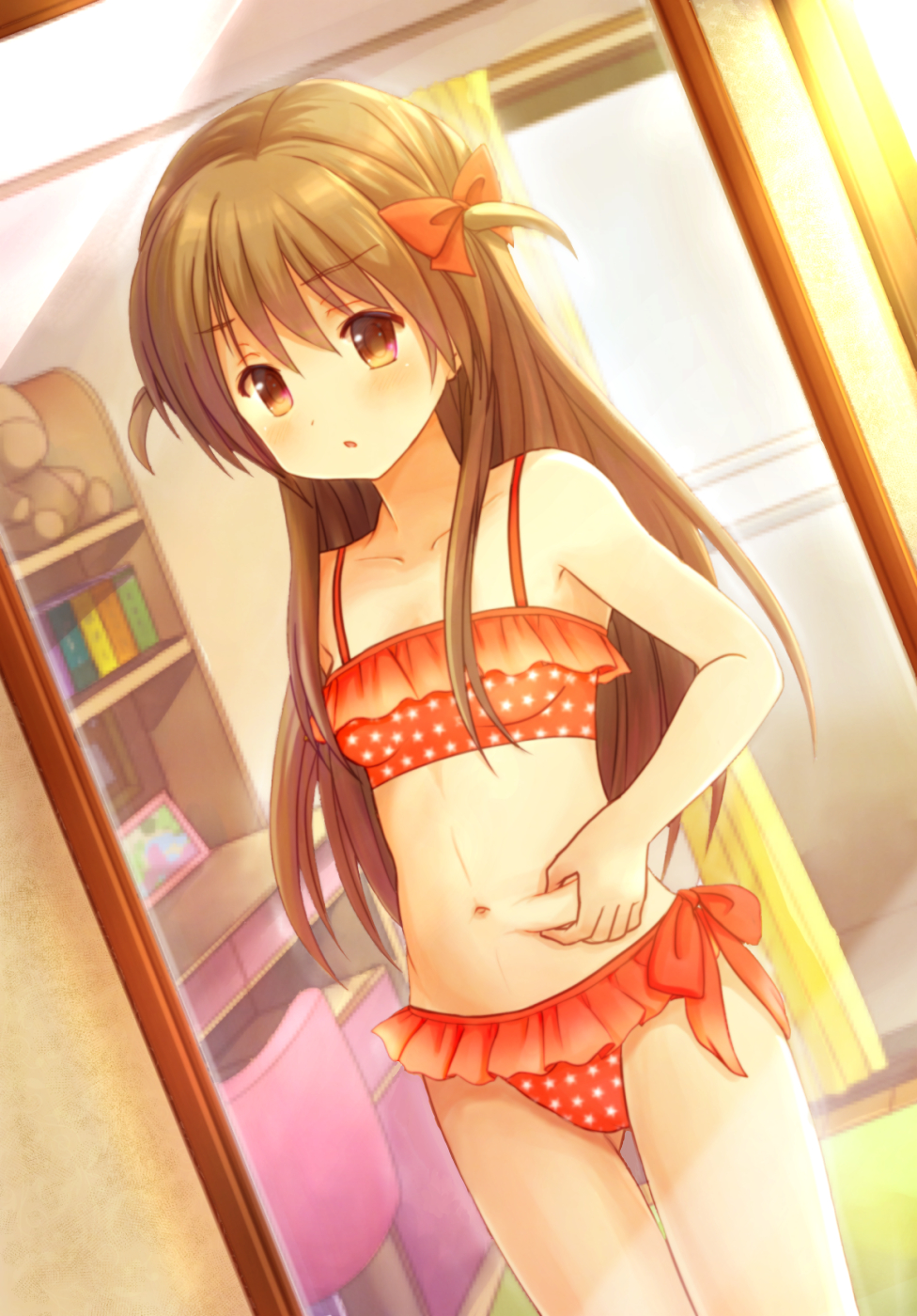 belly bikini eijima_moko female_pov highres long_hair mirror navel original pinching pov reflection solo swimsuit two_side_up weight_conscious